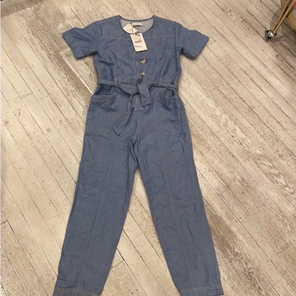 Zara denim jumpsuit  belt four pockets 48 length size 11/12 girls EXLg